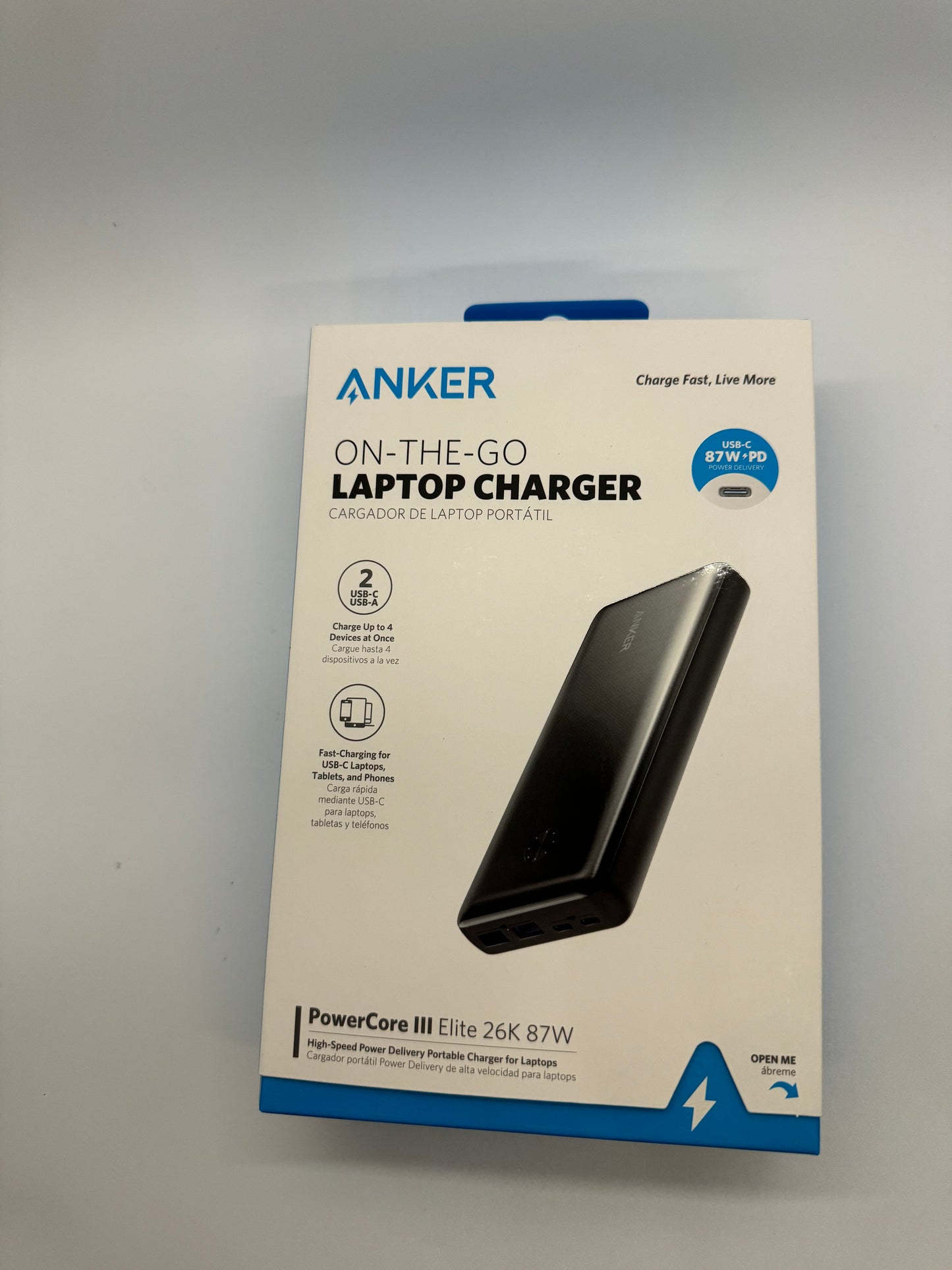 Anker Power Core III 26,000mAh portable power supply with 2 high speed USB type C ports and 2 USB-A ports. Output of 87 watts with power to charge 4 devices at once including your laptop computer and all other devices