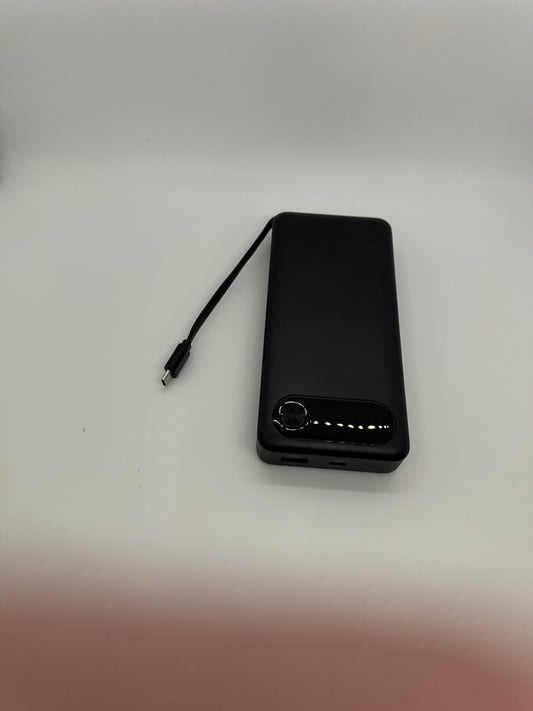 Anker 20,000mAh portable power bank with 87 watts of power, built-in USB-C cable, 2 extra charging ports, and ability to charge up to 3 devices at one time.
