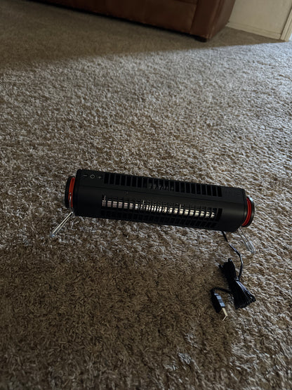 Portable USB powered tower fan with easy touch controls, ability to use standing up or lying flat, swivel base, and small size for travel