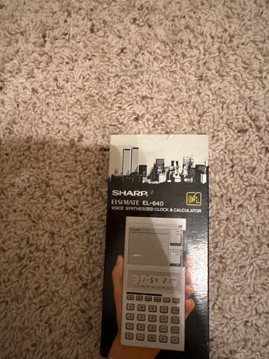 Sharp EL-640 Talking Calculator with talking clock, date, alarm, timer, hourly chime, daylight savings time button, 5 minute chime and volume adjustment. brand new in original box, with original folio case, and manual