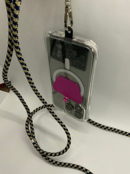 The picture shows a lanyard with a clear plastic card holder attached to it. The lanyard is made of fabric and has a zigzag pattern in blue and yellow. The clear plastic card holder contains a white card with a pink sticky note on it. The card holder is attached to the lanyard by a metal clip. The background is plain white.