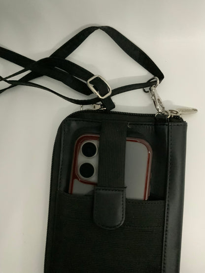 The picture shows a black phone wallet with a strap. The wallet has a phone in it, which is partially visible. The phone has a dual camera and is in a case with a red border. The wallet itself has a black fabric texture and a small flap with a magnetic closure. The strap is also black and has a silver buckle for adjusting the length. The strap is attached to the wallet with silver clasps. The background is plain white.